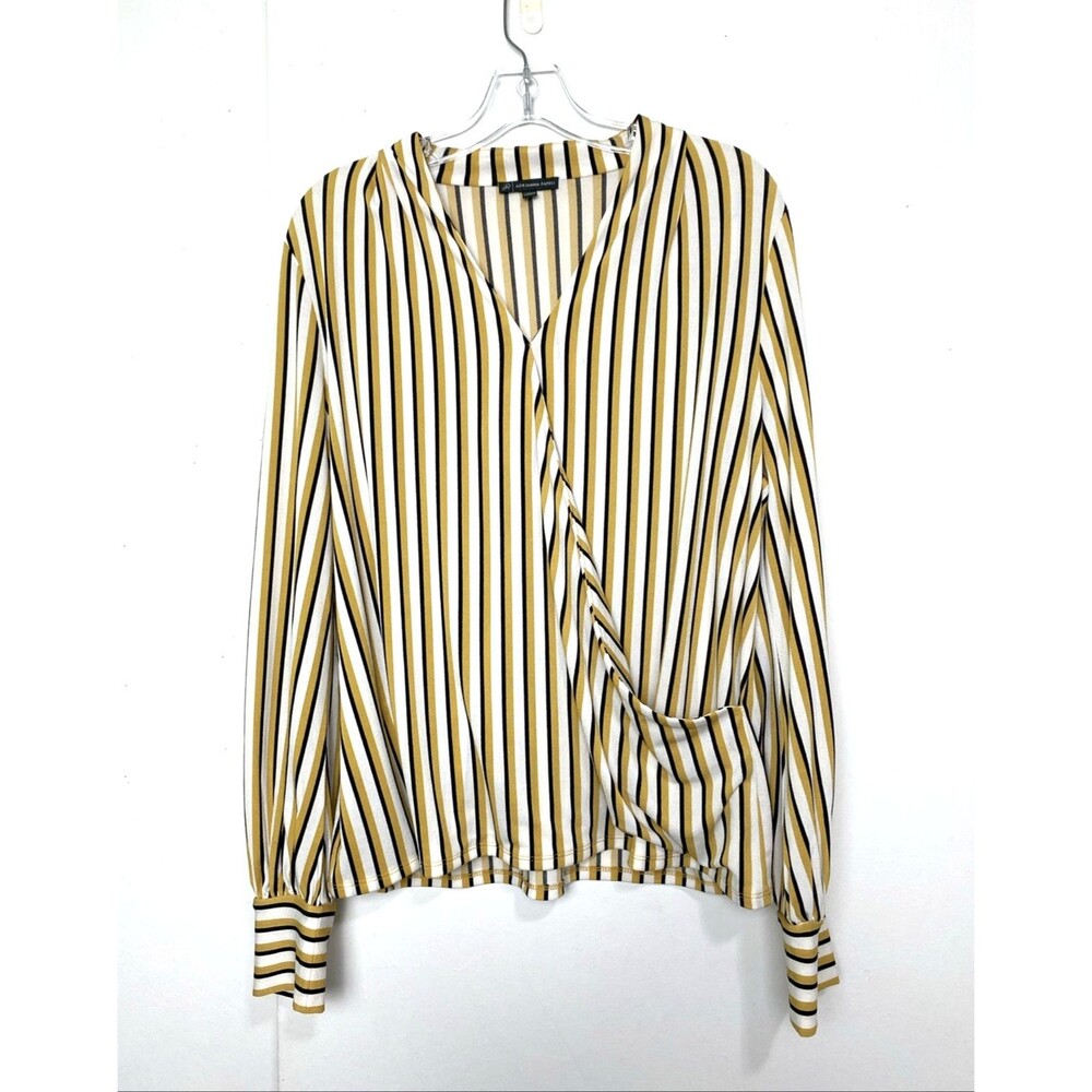 Adrianna Papell Blouse Size XL Striped Stretch V Neck Yellow Casual Long Sleeves
